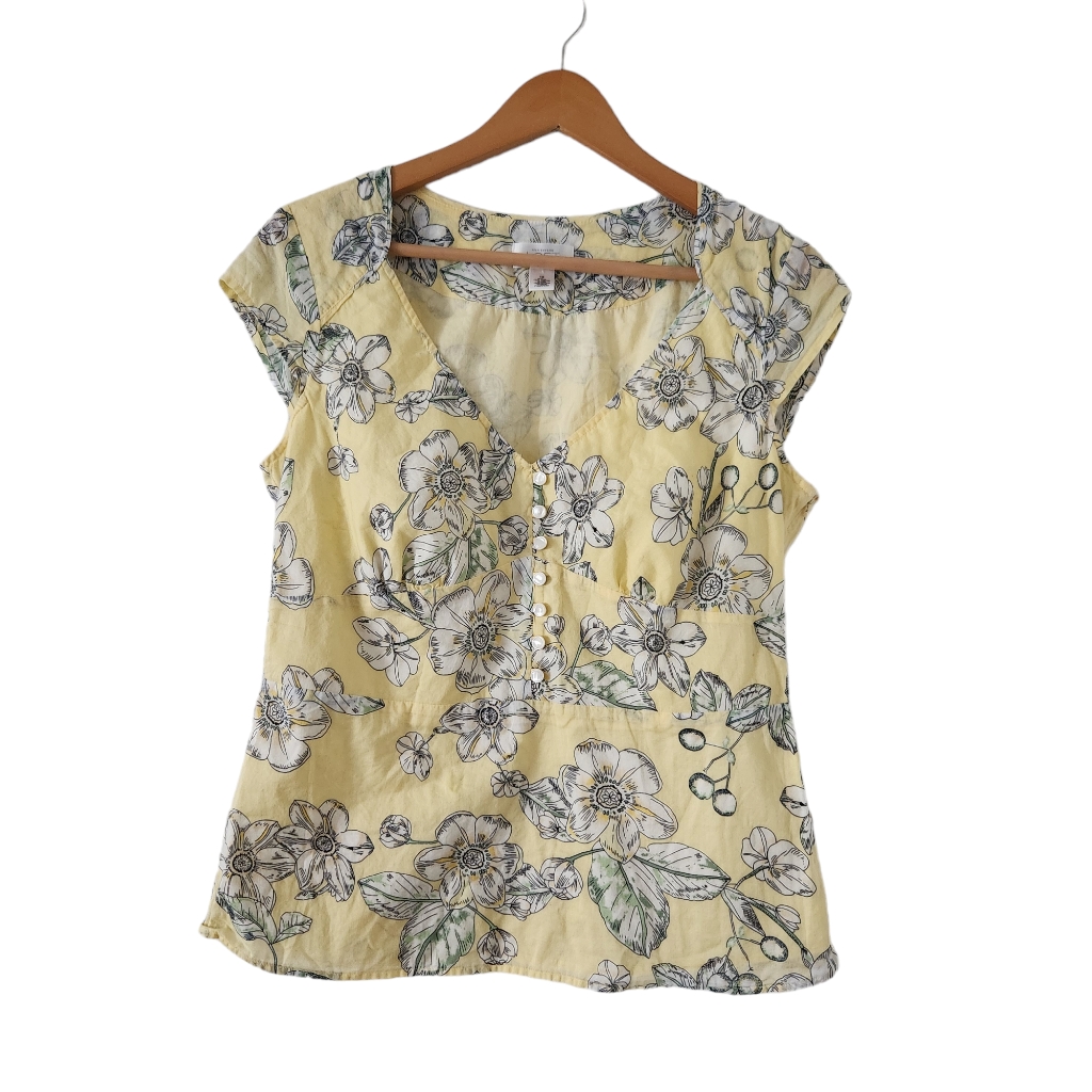 Ann Taylor Women's White Yellow Floral Print V-Neck Front Button Blouse Size 10